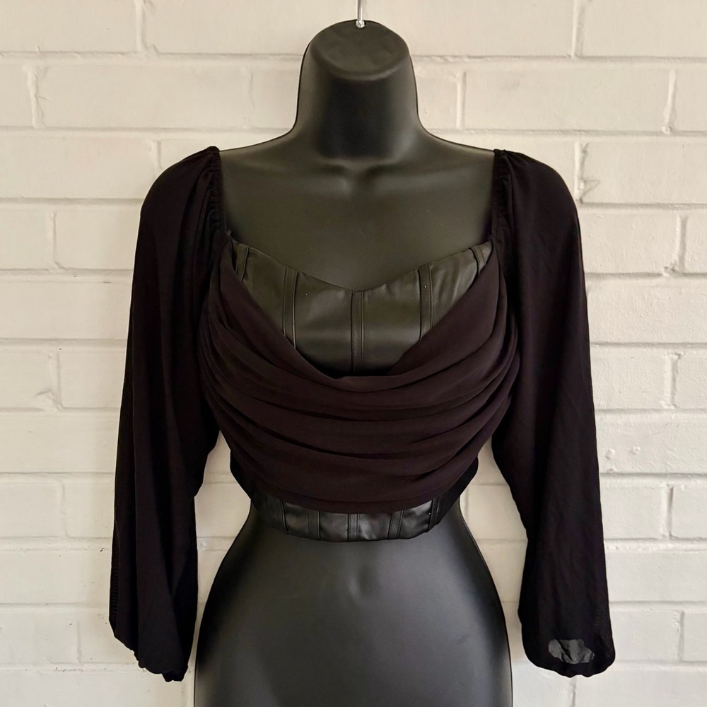 Privy Black Faux Leather Corset Top w/ Sheer Sleeves Cowl Neck Overlay, SZ S EUC